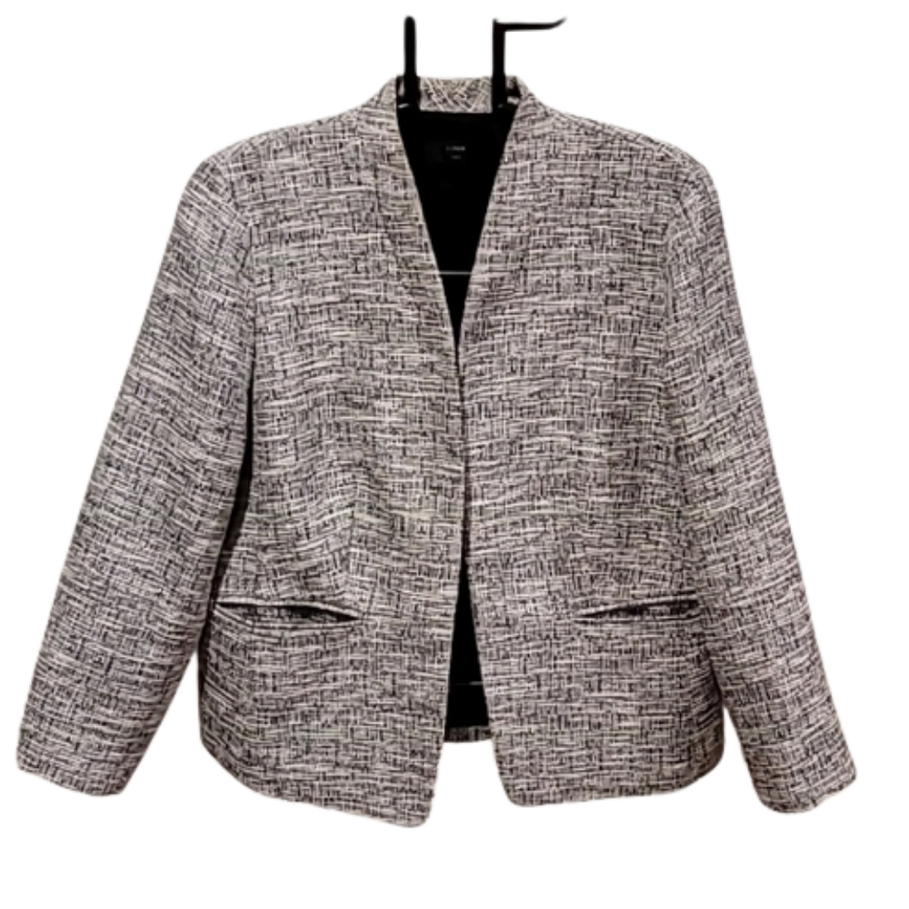 J. Crew 365 Tweed Buttonless Fully Lined Cotton Poly Tweed Black White Jacket L